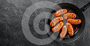 Grilled sausages in a pan on a dark background. top view. copy space for text