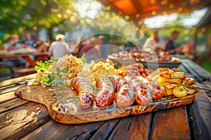 Grilled sausages with sauerkraut and roasted potatoes served on wooden platter