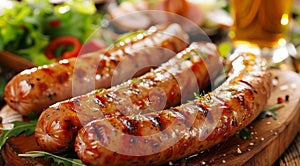 Grilled sausages served with fresh salad and beer