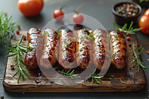 Grilled sausages on skewers with rosemary, plum tomatoes, and clementines