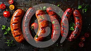 Grilled sausages with tomatoes and parsley on a black background