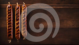 Grilled Sausages on Wooden Table with Copy Space