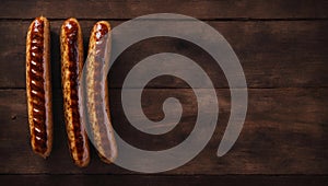 Grilled Sausages on Wooden Table with Copy Space