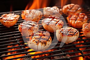 grilled scallops on a grill rack with smoke wafting