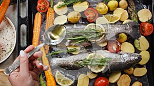 Grilled sea bass fish with aromatic herbs and vegetables