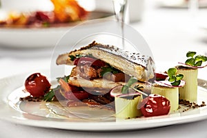 grilled sea bass with sauteed tomatoes, served with a potato ball on a white plate, sea bass fillet outline on a light