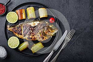 Grilled sea bream or dorado raw fish on black plate with Braised Leeks  over textured black background,  top view with space for