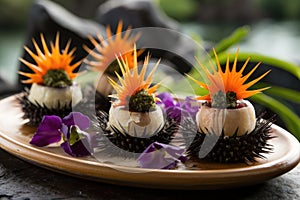 grilled sea urchins served with beach-themed garnishes