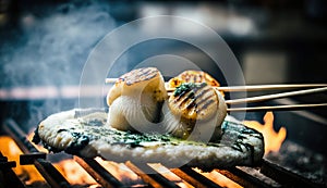 Grilled seafood scallop and sea urchin eggs skewer with smoke, japanese street food at Tsukiji Fish Market, Japan. Generative Ai