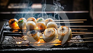 Grilled seafood scallop and sea urchin eggs skewer with smoke, japanese street food at Tsukiji Fish Market, Japan. selective focus