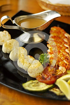 Grilled seafood on wooden sticks