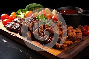 grilled seitan steak basted with sauce, sizzling and hot