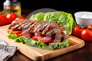 grilled seitan steak on bun, lettuce and tomatoes