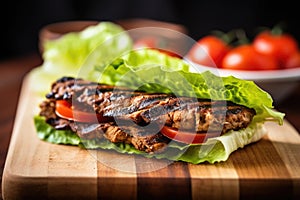 grilled seitan steak on bun, lettuce and tomatoes