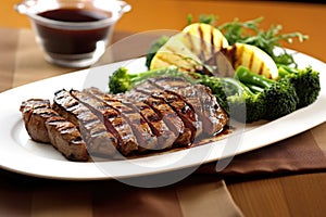 grilled seitan steak on a fancy dinner plate