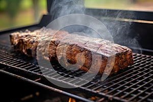 grilled seitan steak next to open grill, smoke rising