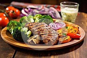 grilled seitan steak served with a side of vegetables