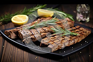 grilled seitan steaks with rosemary sprig garnish