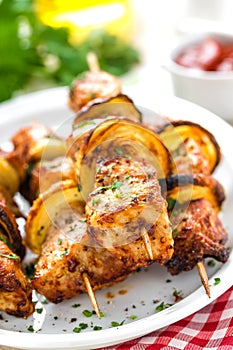 Grilled shish kebab or shashlik on skewers closeup on white background