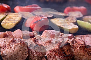 Grilled shish kebab skewers of meat and vegetables