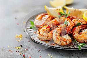 Grilled shrimp garnished with lemon and herbs on a rustic plate, with vibrant spices scattered on a gray background
