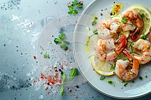 Grilled shrimp with lemon on a plate, seasoned with spices and herbs, ready to tantalize the palate.