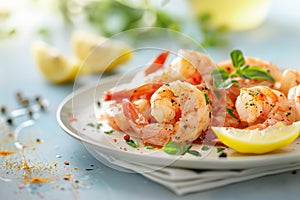 Grilled shrimp on plate with lemon and herbs, blue, a splash of gourmet spices creating a fresh and inviting dish.