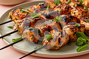 Grilled Shrimp Skewers with Fresh Herbs on Ceramic Plate, Seafood Barbecue Concept for Healthy Eating