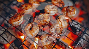 Grilled shrimp skewers over charcoal flames. Close-up food photography with smoke