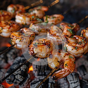 Grilled shrimp skewers over charcoal flames. Close-up food photography with smoke