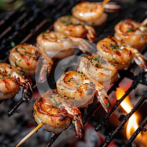 Grilled shrimp on skewers over open flame. Close-up barbecue photography