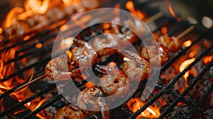 Grilled shrimp on skewers over open flame. Close-up barbecue photography