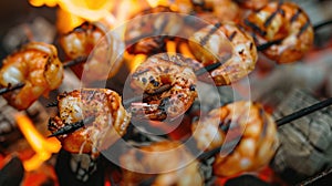 Grilled shrimp on skewers over open flame. Close-up barbecue photography