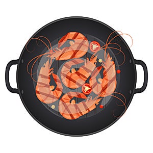 Grilled shrimp. Tiger prawn. Shrimps in a pan with chili peppers, isolated on white background. Sea food nutrition concept. Vector