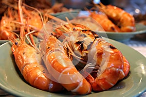 Grilled shrimps on the green dish photo