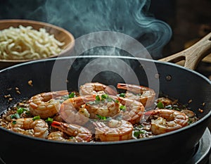 Grilled shrimps with greens and garlic in a pan. The character and all objects are fictitious, the image was created using the