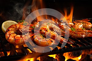 Grilled shrimps on grill with fire generated by AI