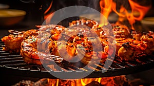 Grilled shrimps and on a grill with flames under close up, AI Generated