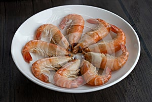 Grilled shrimps on a plate, Macrobrachium rosenbergii, freshwater shrimp
