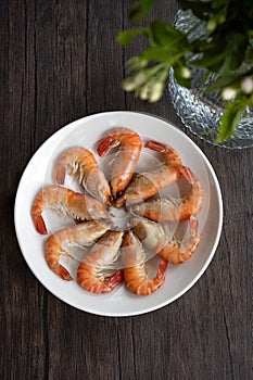 Grilled shrimps on a plate, Macrobrachium rosenbergii, freshwater shrimp