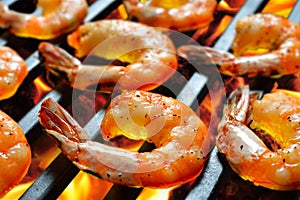 Grilled shrimps,prawns on the flaming grill