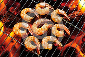 Grilled shrimps,prawns on the flaming grill