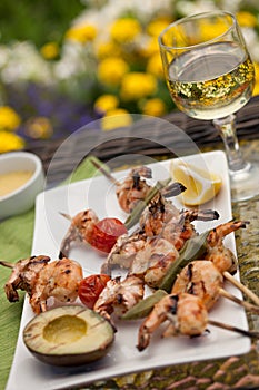 Grilled Shrimps Skewers for Dinner in Garden