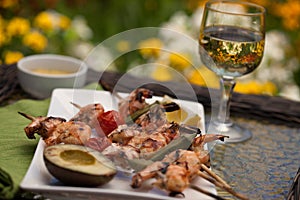 Grilled Shrimps Skewers for Dinner in Garden