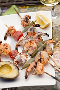 Grilled Shrimps Skewers for Dinner in Garden