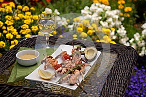 Grilled Shrimps Skewers for Dinner in Garden