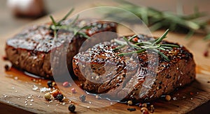 Grilled sirloin beef steaks with garlic and rosemary on wooden background.Macro.AI Generative