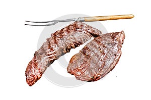 Grilled Sirloin flap or Bavette beef meat steak on a griil with herbs. Isolated, white background.