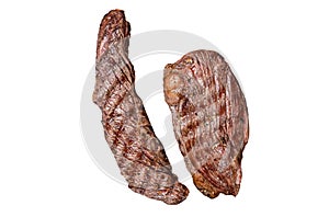 Grilled Sirloin flap or Bavette beef meat steak on a griil with herbs. Isolated, white background.