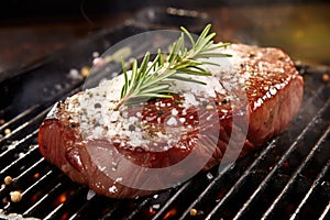 grilled sirloin steak garnished with rosemary and salt